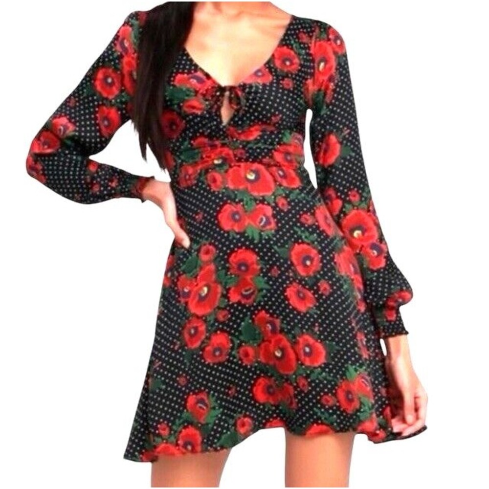Free People Women's Rose Polka Dot Print Baby Doll Dress Size 6 Floral Party